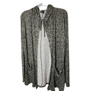 Lucky Brand Open Front Hooded Cardigan Emerald Green Leopard print sweater Sz XS